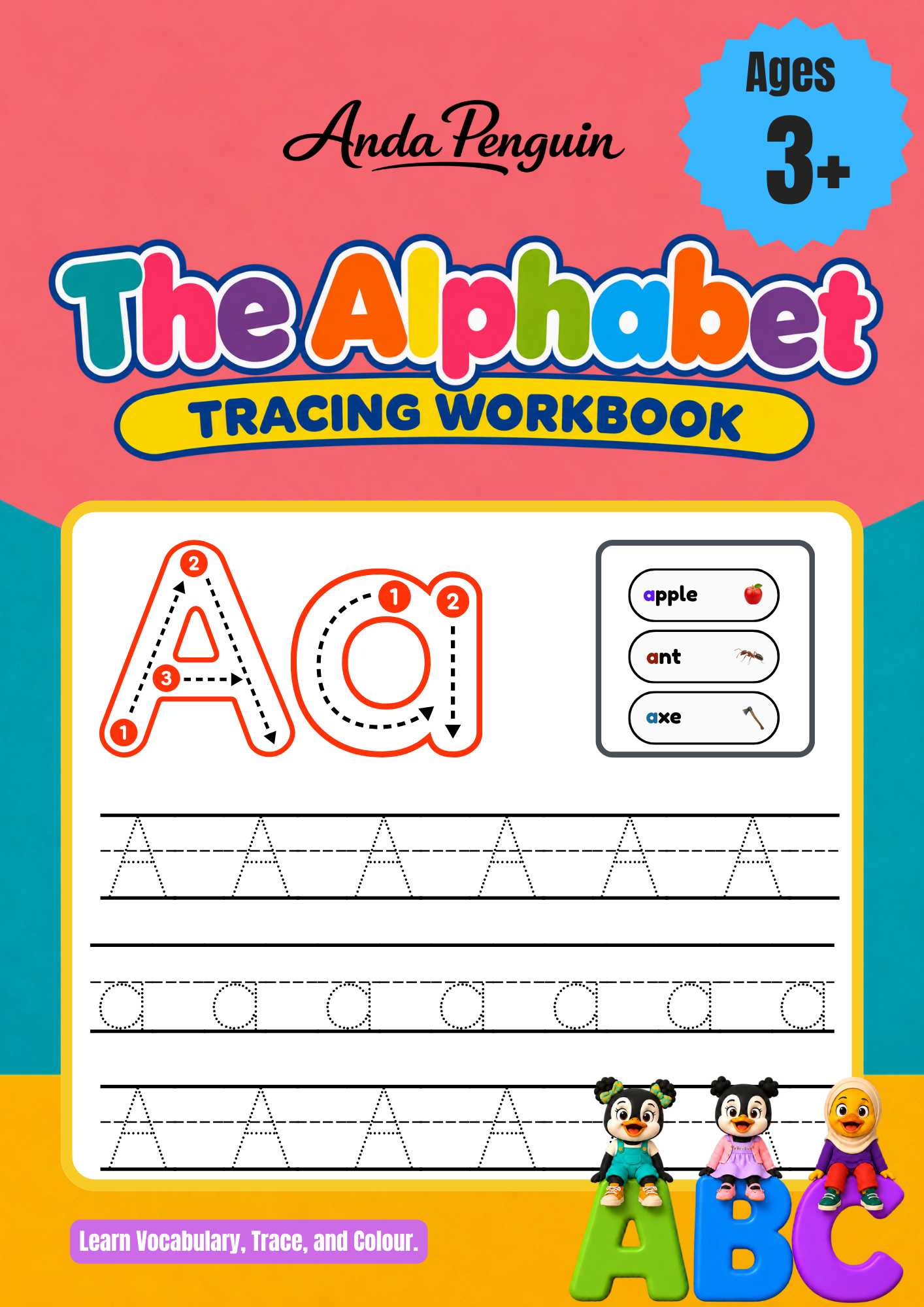 Existing Anda English alphabet workbook with tracing and vocabulary activities