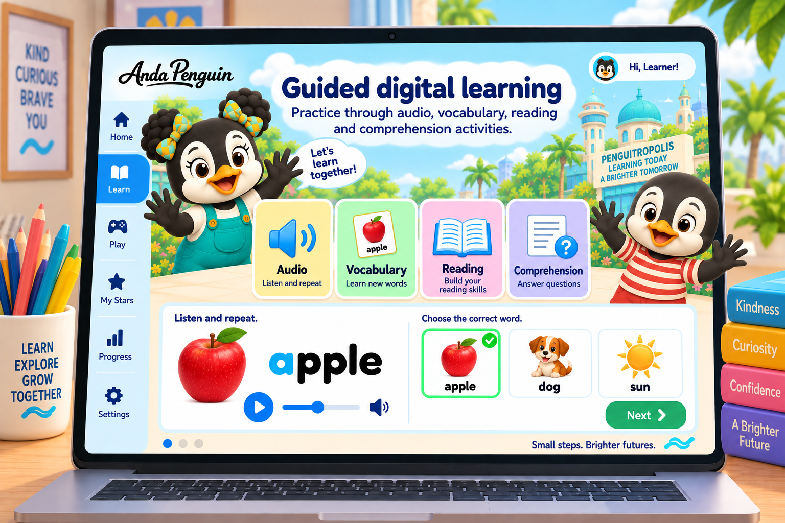 Anda Penguin guided digital learning on a laptop, with audio, vocabulary, reading and comprehension activities